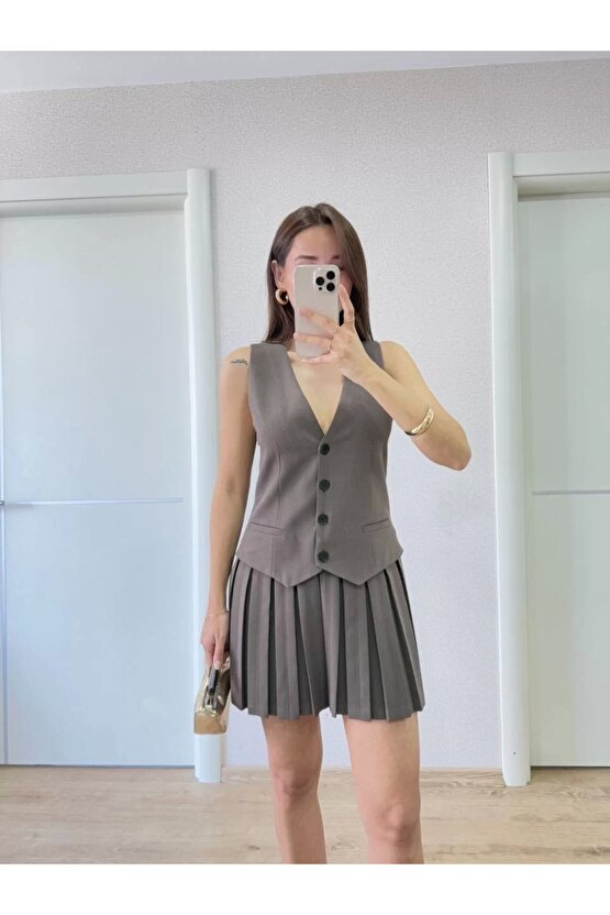 Keten Takım Görünümlü Düğme Detaylı Yelekli Mini Elbise - Bordo