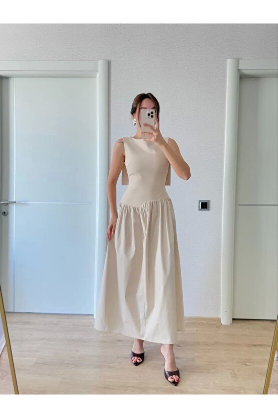 Krep Arkası Kanat Arka Ön Pens Detaylı Uzun Kadın Elbise - Bej