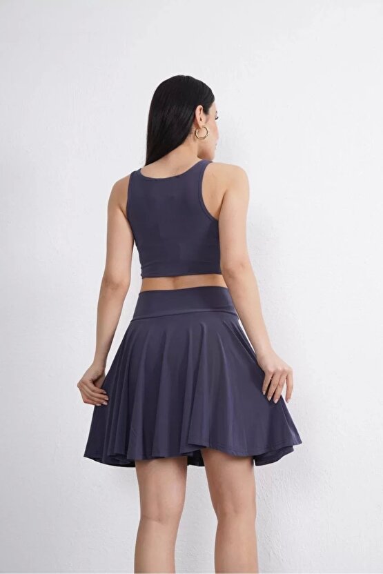 Sendy Kumaş Bisiklet Yaka Crop Şortlu Etek ikili Takım - Antrasit