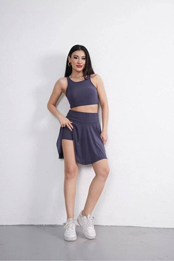 Sendy Kumaş Bisiklet Yaka Crop Şortlu Etek ikili Takım - Antrasit