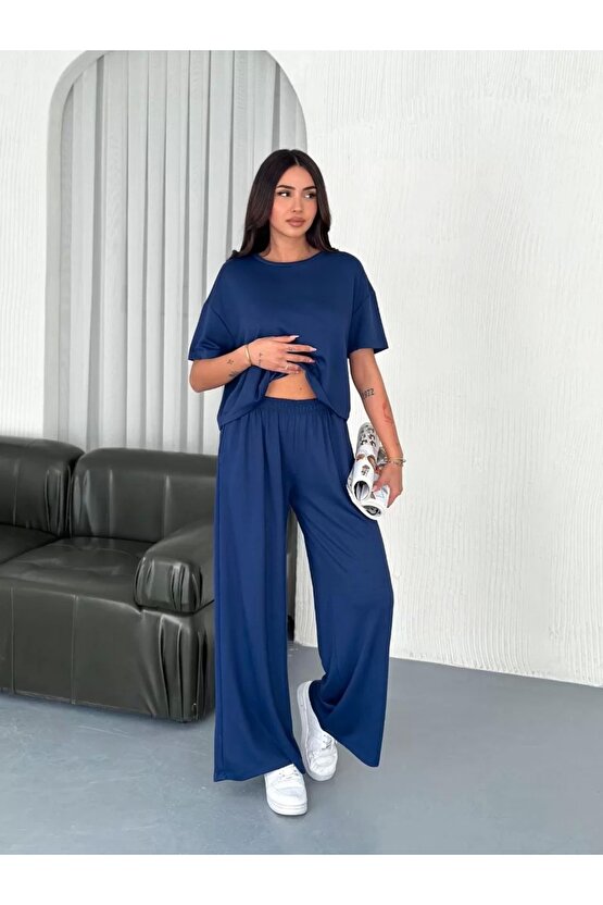 Osy Modal Yumuşak Dokulu Kumaş Bisiklet Yaka T-shirt Bol paça Pantalon ikili Takım -Saks Mavi