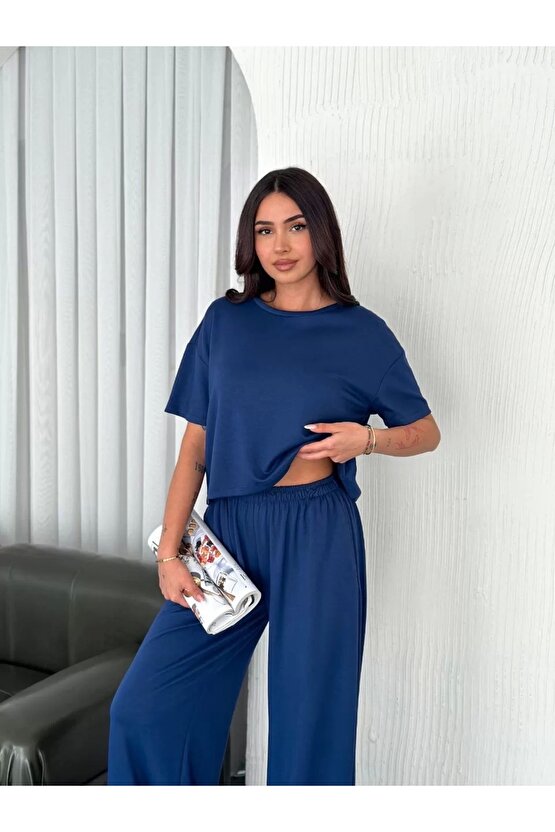 Osy Modal Yumuşak Dokulu Kumaş Bisiklet Yaka T-shirt Bol paça Pantalon ikili Takım -Saks Mavi