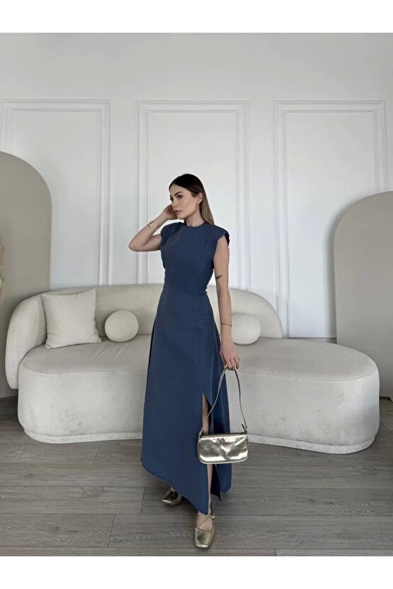 Keten Yandan Yırtmaçlı Uzun Elbise Sıfır Kol Elbise - Mavi