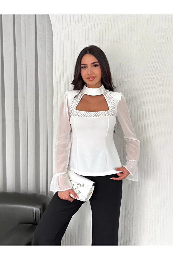 Penye Uzun Kollu Kadın Kolları Şifon Göğüste İnci Boncuk detaylı Bluz - Beyaz