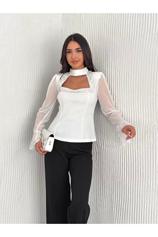 Penye Uzun Kollu Kadın Kolları Şifon Göğüste İnci Boncuk detaylı Bluz - Beyaz