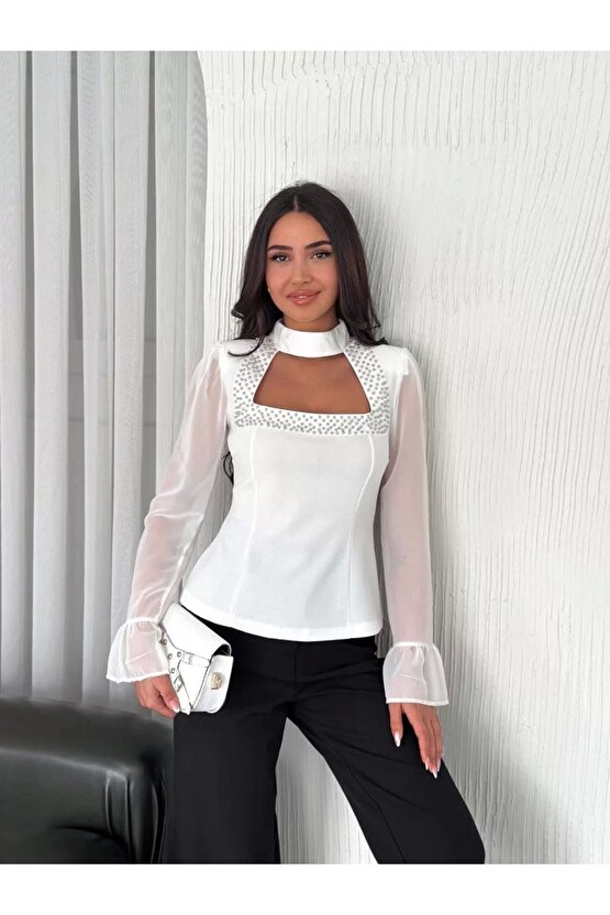 Penye Uzun Kollu Kadın Kolları Şifon Göğüste İnci Boncuk detaylı Bluz - Beyaz