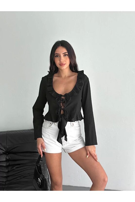 Keten Uzun Kol Bağacık Detaylı Bluz - Siyah