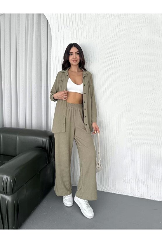 Yakalı Düğmeli Uzun Kollu Gömlek Pantolon ikili Takım - Bej
