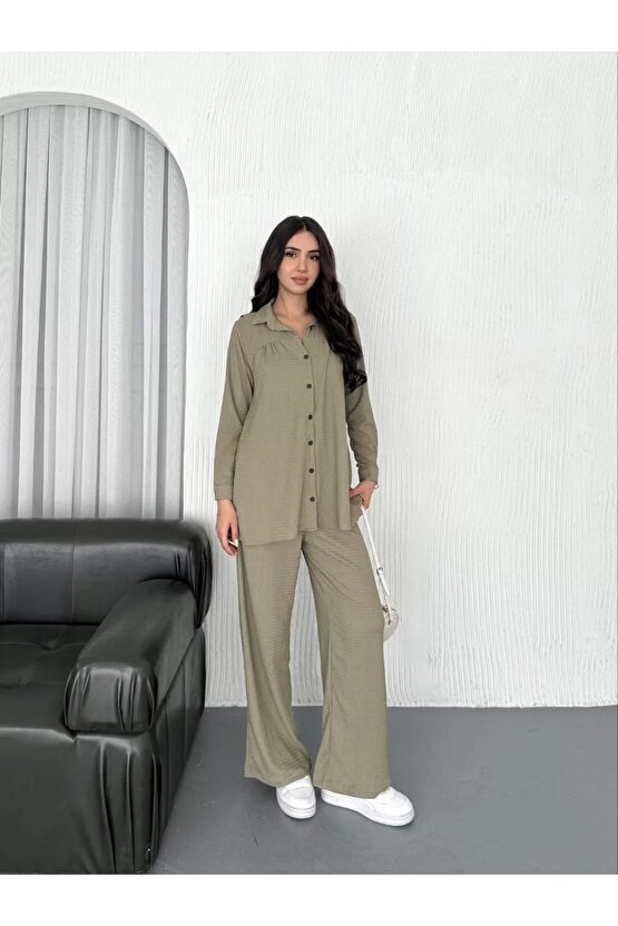 Yakalı Düğmeli Uzun Kollu Gömlek Pantolon ikili Takım - Bej