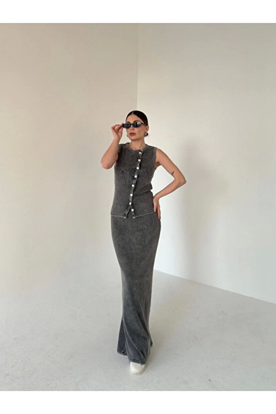 Uzun Etekli Önü Düğmeli Badi İkili Takım- Antrasit