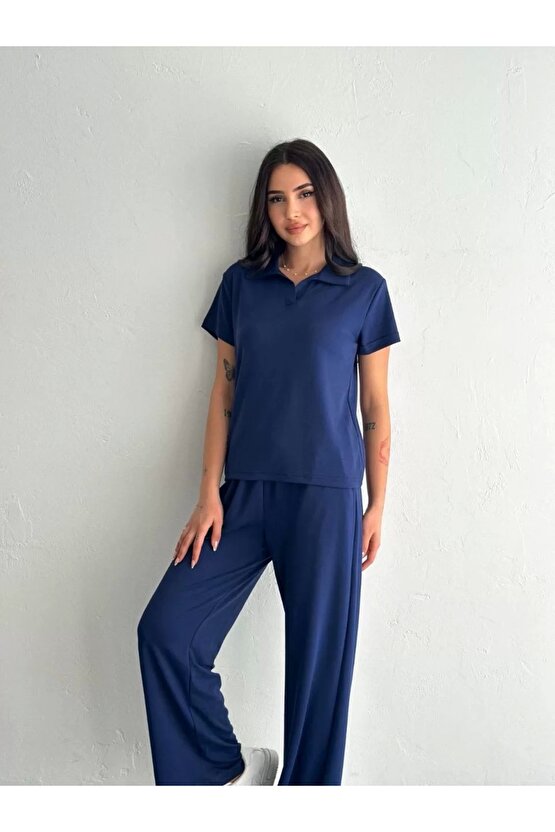 Osy Modal Yumuşak Dokulu Kumaş Kısa Kollu Yakalı T-shirt Pantalon ikili Takım- Lacivert