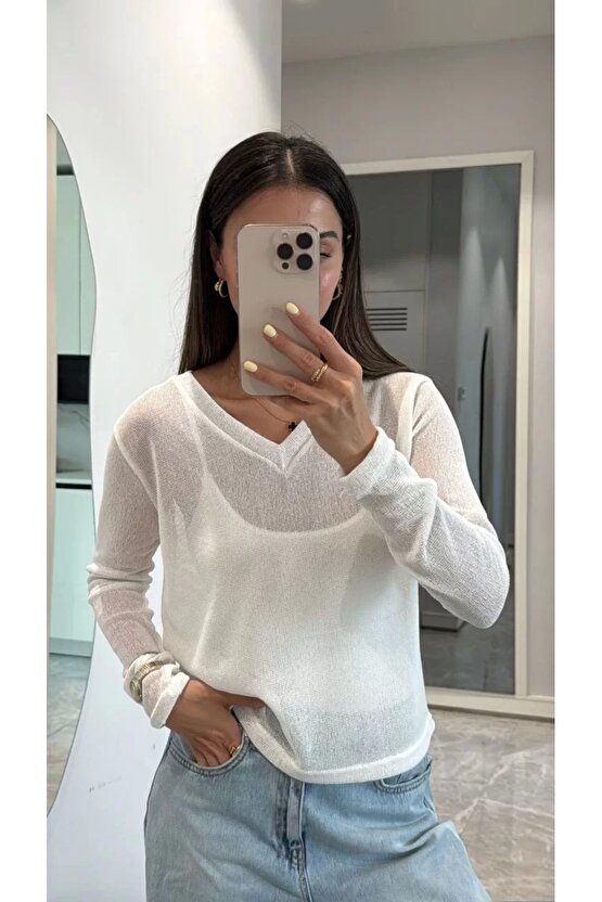 V Yaka uzun Kollu Triko ince Bluz - Beyaz