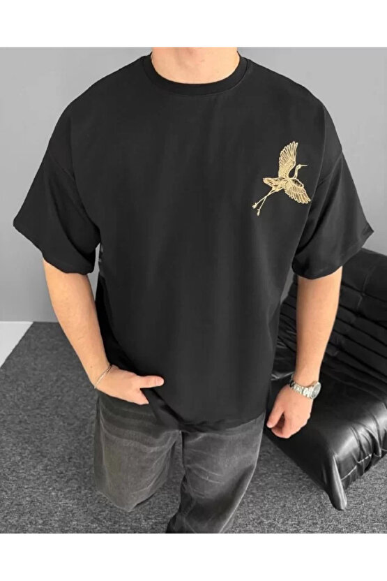 Ön ve Arka Baskılı Oversize Bisiklet Yaka T-shirt - Siyah