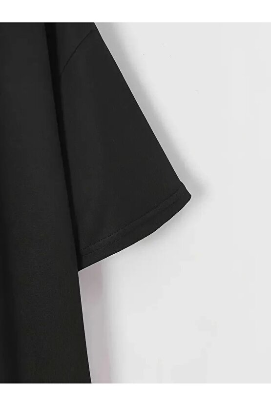 201 PENYE COMPACK BASKILI OVERSİZE BİSİKLET YAKA M KISA KOL YAZLIK T-SHİRT - SİYAH