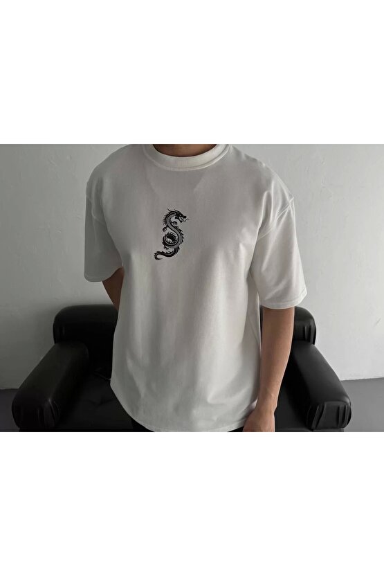 Baskılı Oversize Bisiklet Yaka T-shirt - Beyaz
