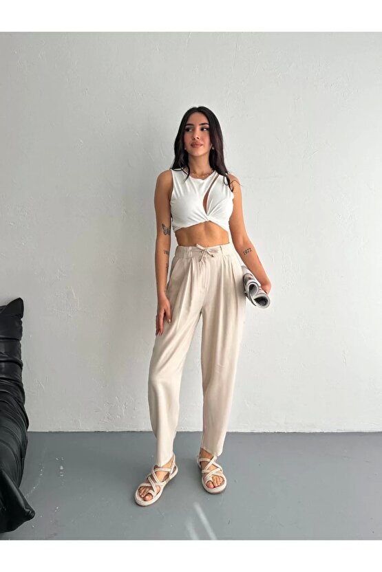 Kadın Yüksel Bel Beli Bağcıklı Rahat Boru Paça Pantalon - Kırık Beyaz