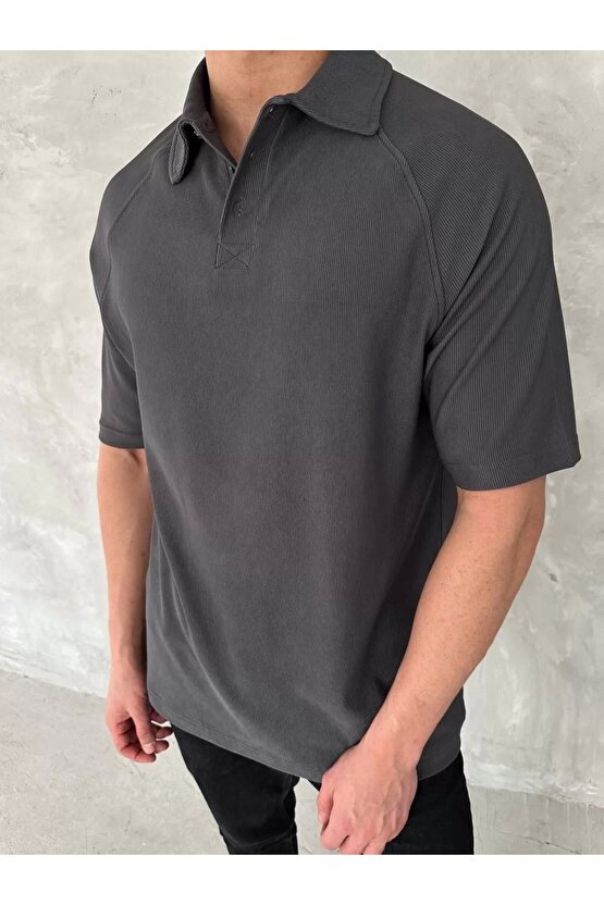 Yakalı Patlı Kısa Kol T-shirt - Antrasit