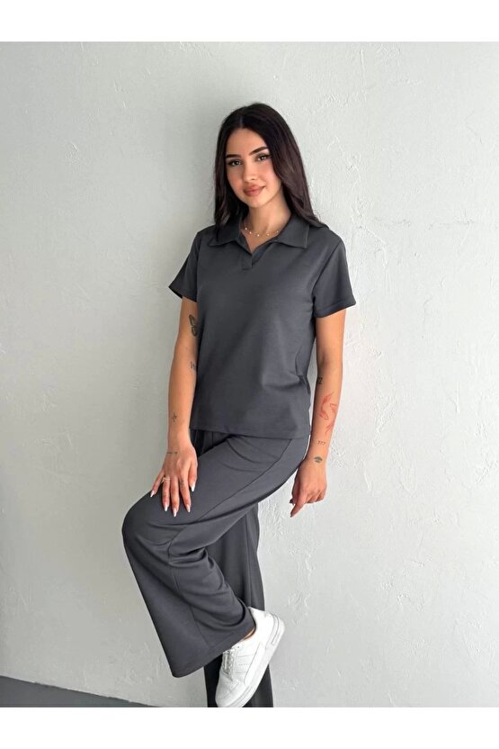 Osy Modal Yumuşak Dokulu Kumaş Kısa Kollu Yakalı T-shirt Pantalon ikili Takım- Antrasit