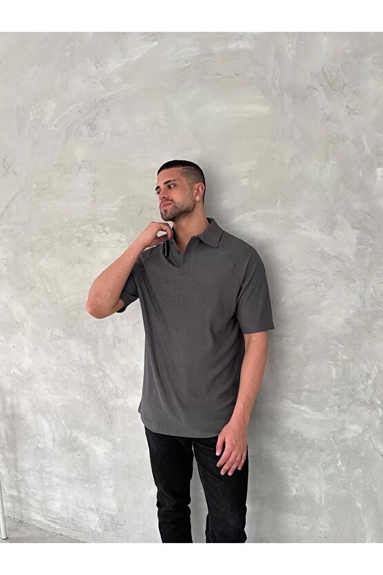 Yakalı Patlı Kısa Kol T-shirt - Antrasit