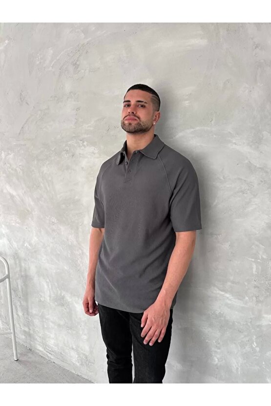 Yakalı Patlı Kısa Kol T-shirt - Antrasit