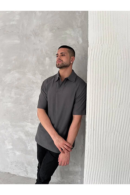 Yakalı Patlı Kısa Kol T-shirt - Antrasit
