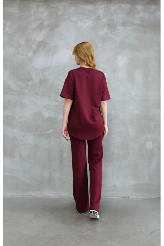 Osy Modal Yumuşak dokulu Kumaş Bisiklet Yaka Taş detaylı Kısa Kollu Takım - Bordo