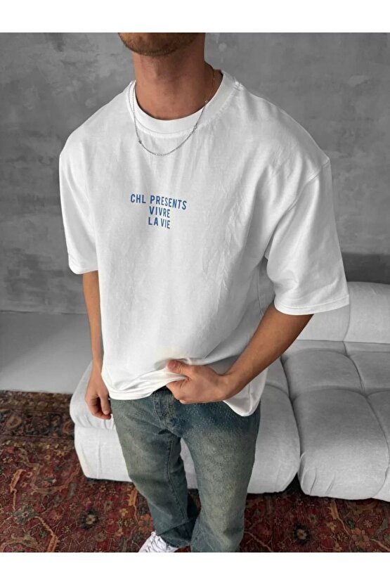 Ön ve Arka Baskılı Oversize Bisiklet Yaka T-shirt- Beyaz