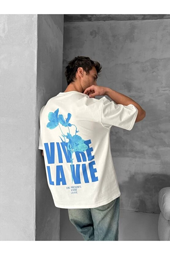 Ön ve Arka Baskılı Oversize Bisiklet Yaka T-shirt- Beyaz