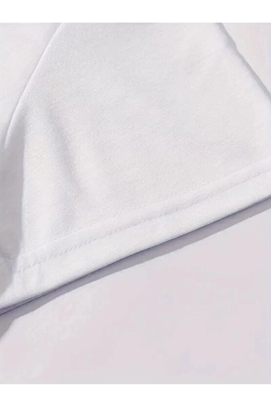 201 Penye Compack Baskılı Oversize Kahve Desenli Kadın Kısa Kol T-shirt - Beyaz