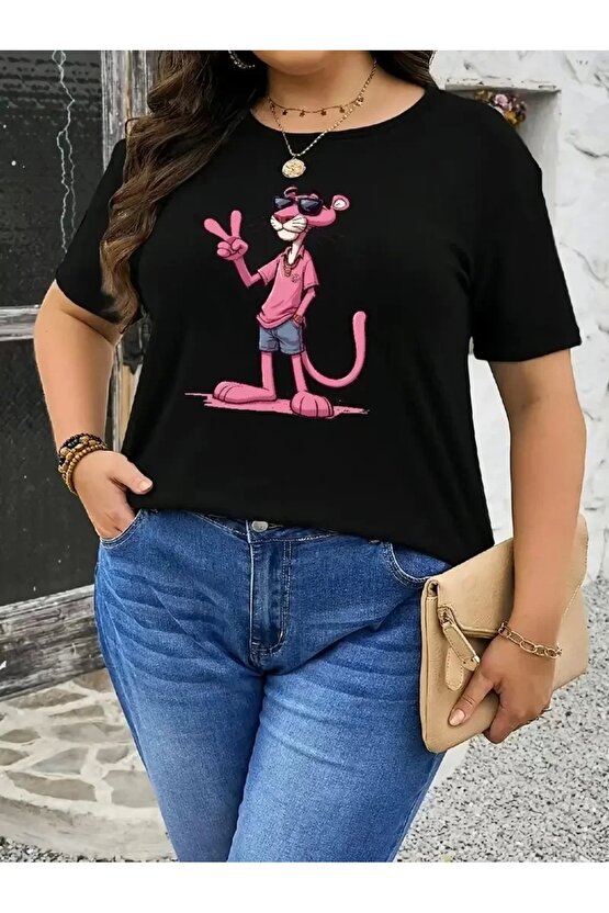 201 Penye Compack Pembe Panter Baskılı Oversize Bisiklet Yaka Kısa Kol Yazlık T-shirt - Beyaz