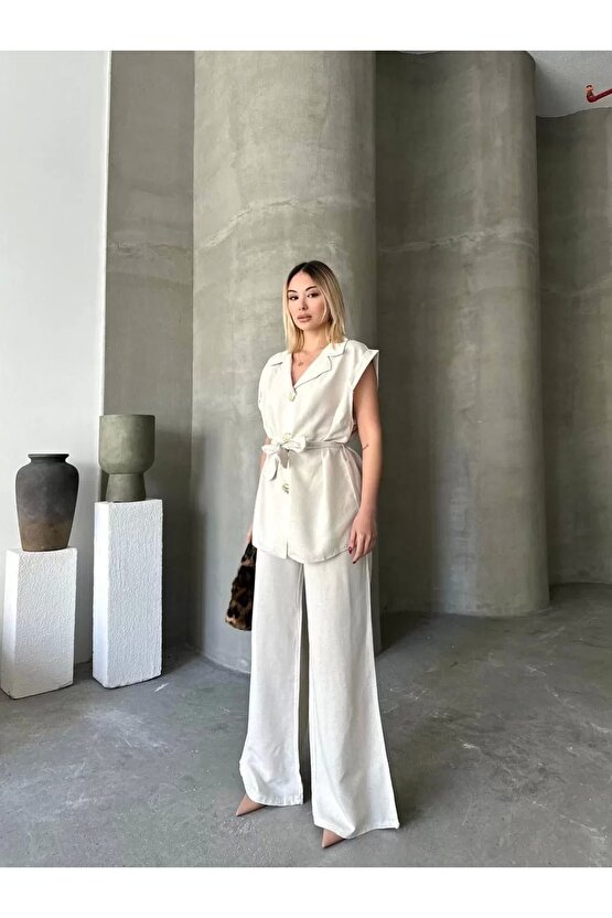 Keten Sıfır Kol Kuşaklı Ceket Pantolon ikili Takım - Beyaz