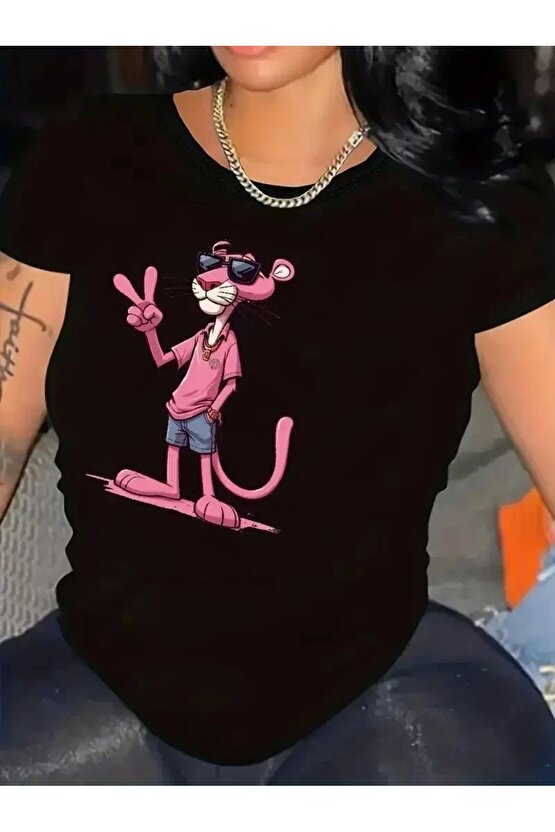 201 Penye Compack Pembe Panter Baskılı Oversize Bisiklet Yaka Kısa Kol Yazlık T-shirt - Beyaz