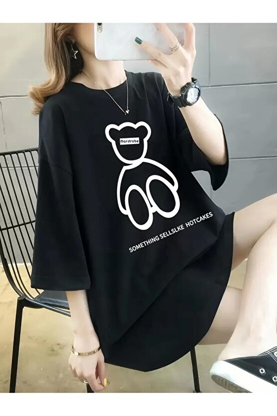 201 Penye Compack Ön Arka Baskılı Oversize Bisiklet Yaka T-shirt - Siyah