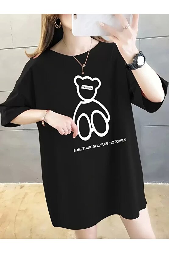 201 Penye Compack Ön Arka Baskılı Oversize Bisiklet Yaka T-shirt - Siyah