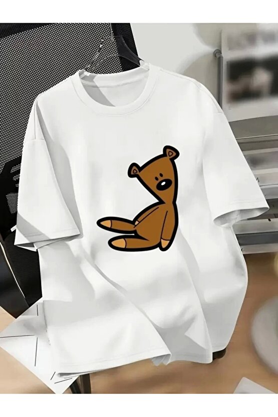 201 Penye Compack Ayı Baskılı Oversize Bisiklet Yaka Kısa Kol T-shirt - Beyaz