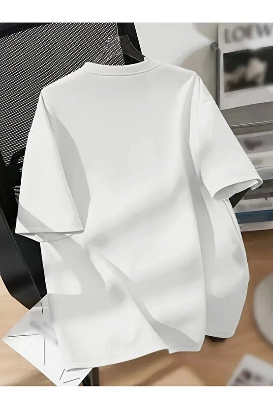 201 Penye Compack Ayı Baskılı Oversize Bisiklet Yaka Kısa Kol T-shirt - Beyaz