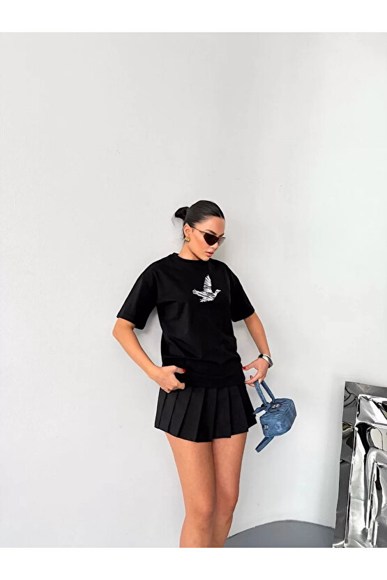 Kısa Kol Baskılı T-shirt - Siyah