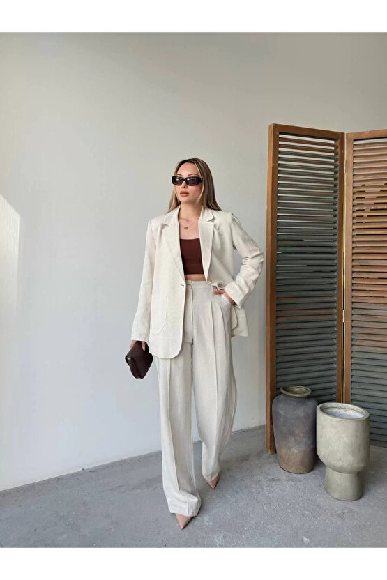 Keten Ceket Pantolon İlik Düğmeli Uzun Kollu Yırtmaçlı ikili Takım - Beyaz