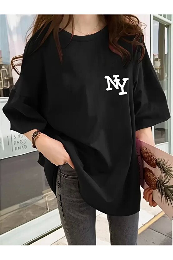 Kadın Eğlenceli Harf NY Baskılı Bisiklet Yaka Tişört - Rahat Polyester, Makinede Yıkanabilir - Yaz v