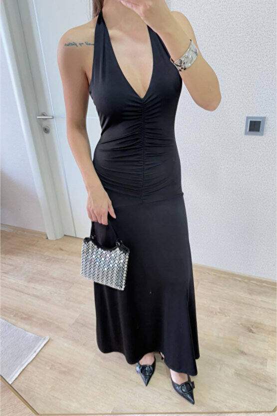 Sırt Dekolteli Uzun Kollu Elbise - Siyah
