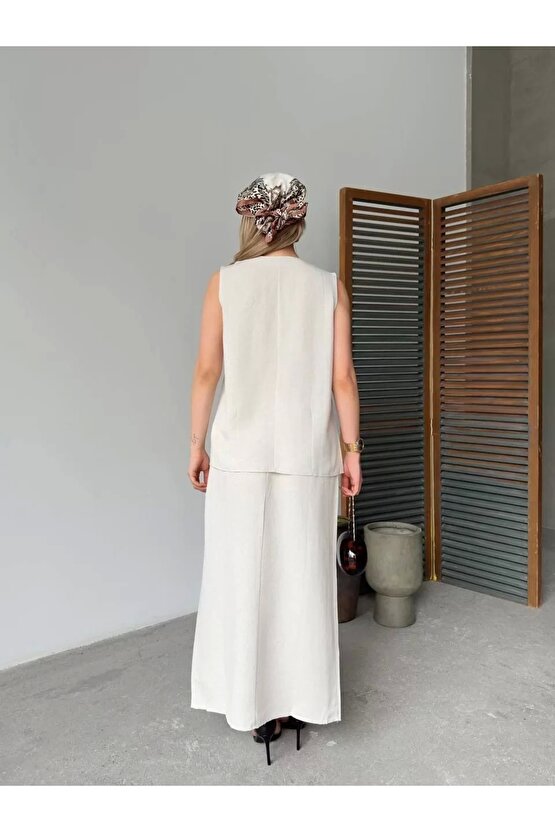 Keten Kolsuz Sıfır Yaka İlik Düğmeli Kolsuz Hırka Etek ikili Takım- Beyaz