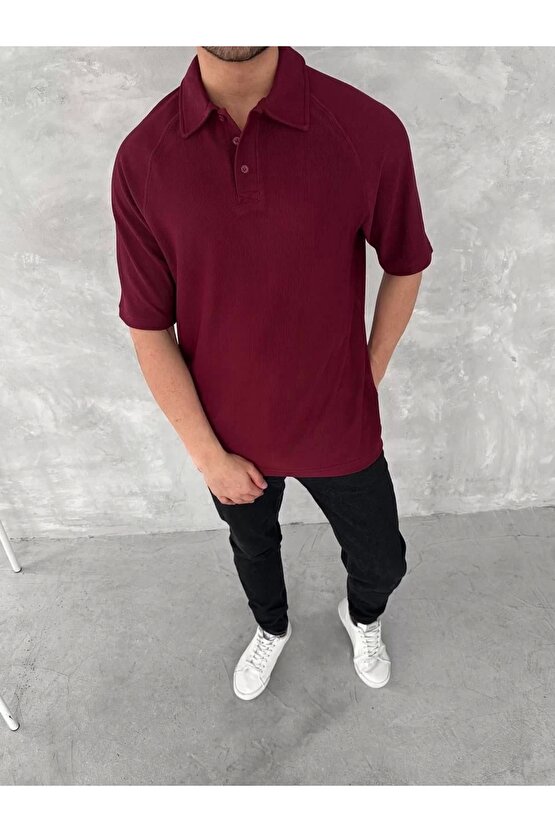 Yakalı Patlı Kısa Kol T-shirt - Bordo