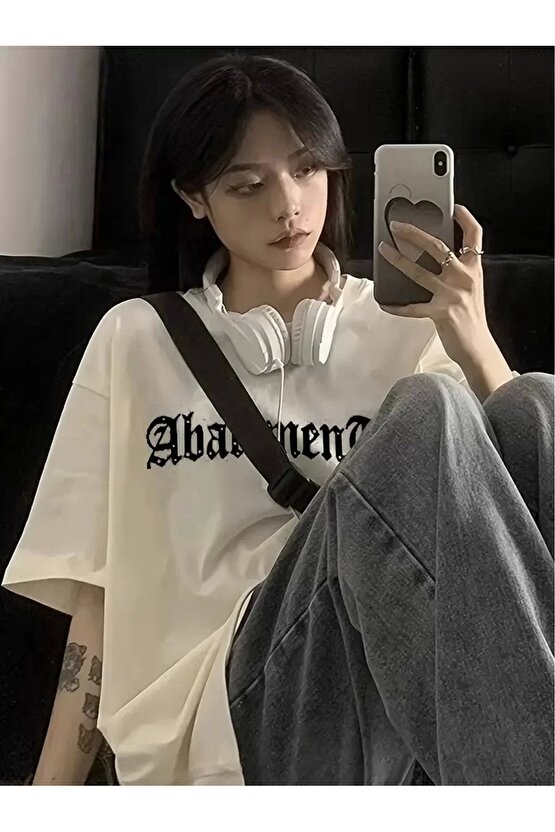 Örümcek Ağı Desenli Baskılı Oversize Bisiklet Yaka T-shirt - Beyaz