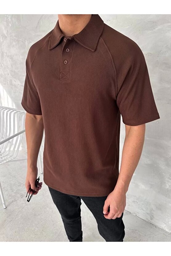 Yakalı Patlı Kısa Kol T-shirt - Kahverengi