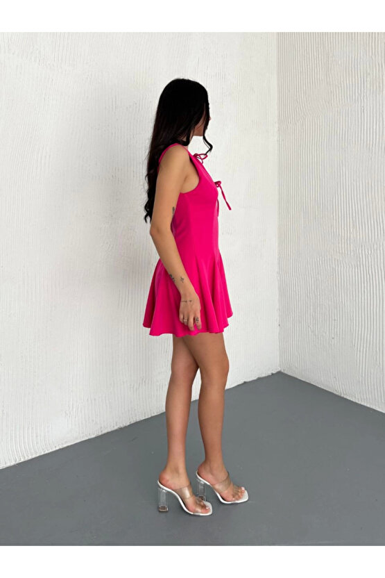 Göğüs Bağlamalı Kolsuz Mini Boy Elbise - Pembe