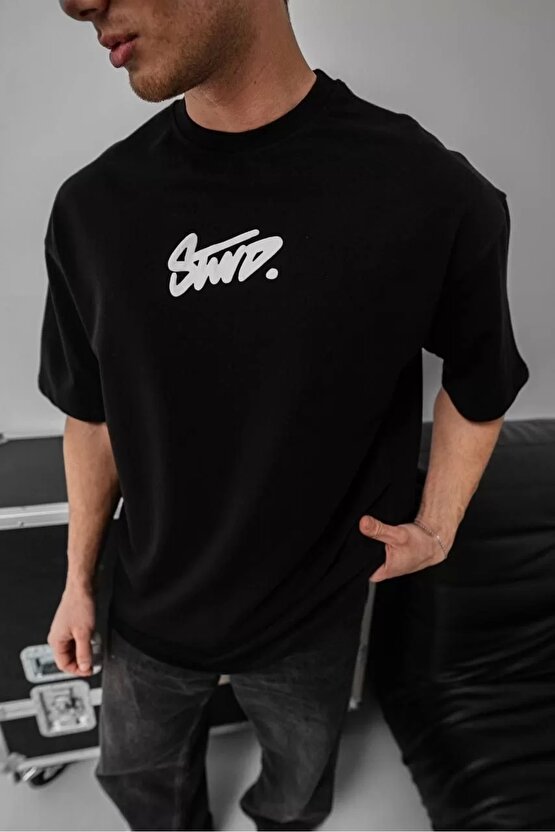 Gökyüzü Moda Erkek Baskılı Oversize T-shirt - Siyah