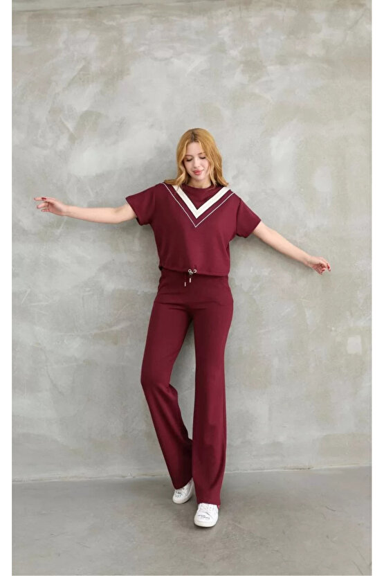 Osy Modal Yumuşak dokulu Kumaş Bisiklet Yaka Parçalı detaylı Kısa Kollu Takım - Bordo