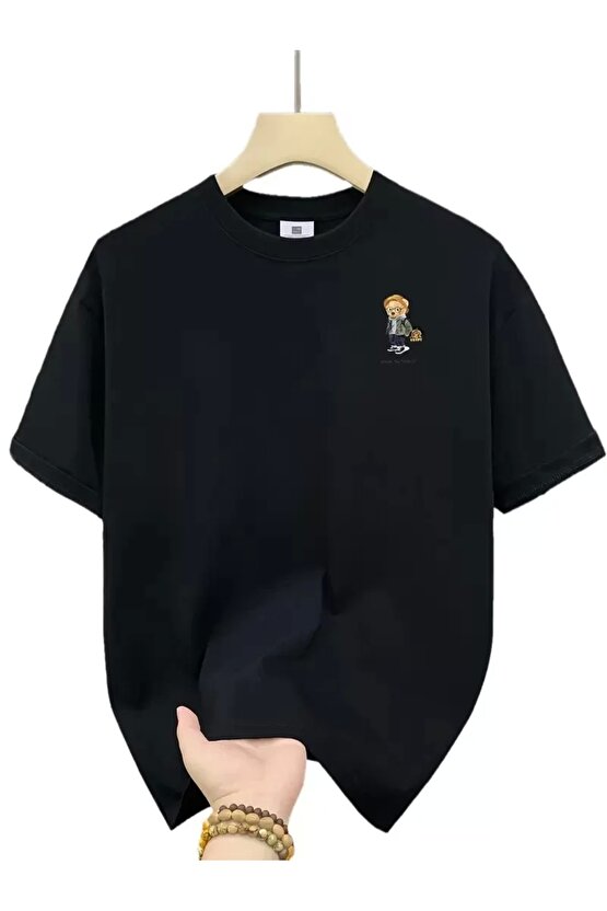 201 Penye Compack Gözlüklü Ayı Baskılı Oversize Bisiklet Yaka Erkek T-shirt - Siyah