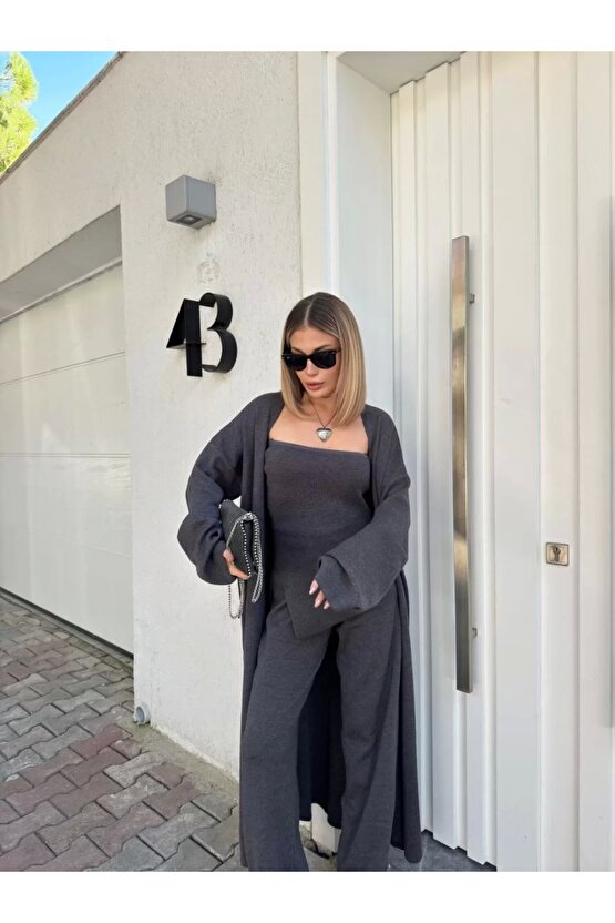 Kadın Triko Üçlü Takım - Füme