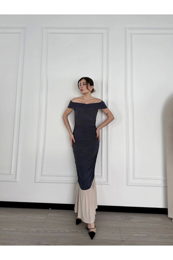 Striptiz Omuzlu Uzun Elbise- Füme